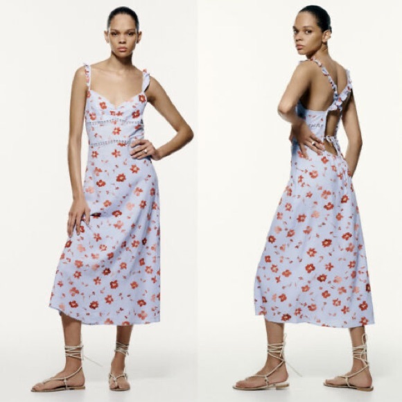 NWT ZARA BLUE FLORAL PRINT RUFFLED STRAPS LINEN BLEND MIDI DRESS - Picture 1 of 3